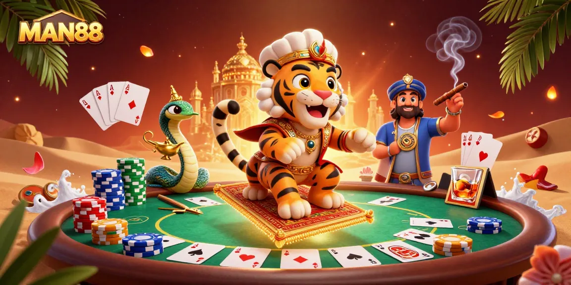 Experience thrilling gaming at MAN88 with a vibrant scene filled with poker excitement and majestic characters.