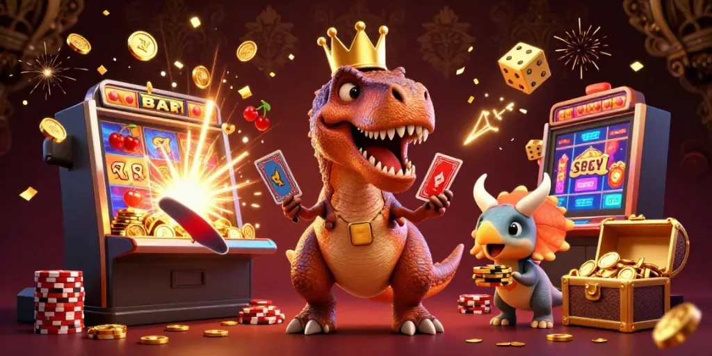 Engage with the exciting bujang toto gaming scene featuring dinosaur characters playing and winning.