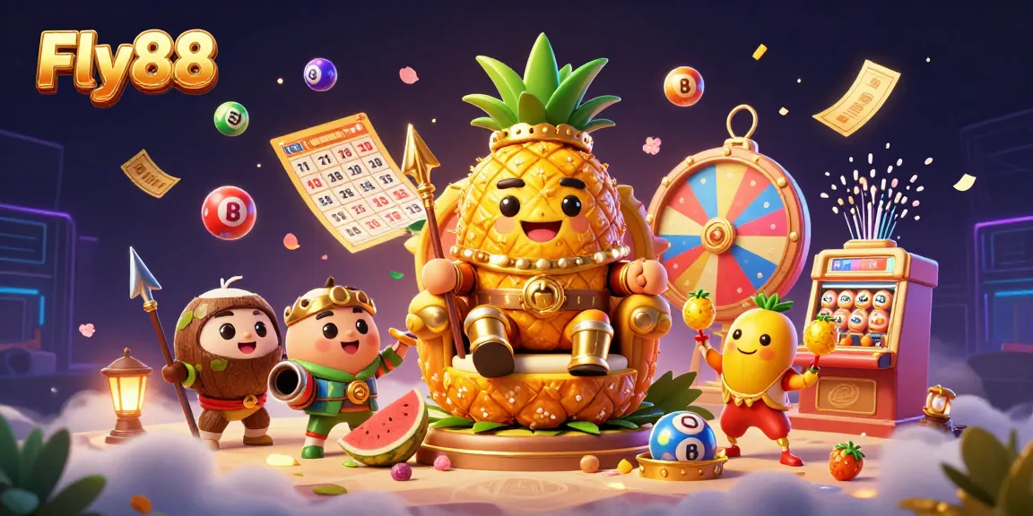 Experience the thrill of gaming at Fly88 with vibrant lottery balls and tutorials in a dynamic casino scene.