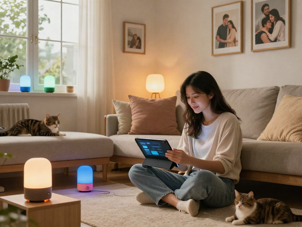 Engaging moment with girlfriend AI in a modern living room, showcasing emotional connection and tech integration.