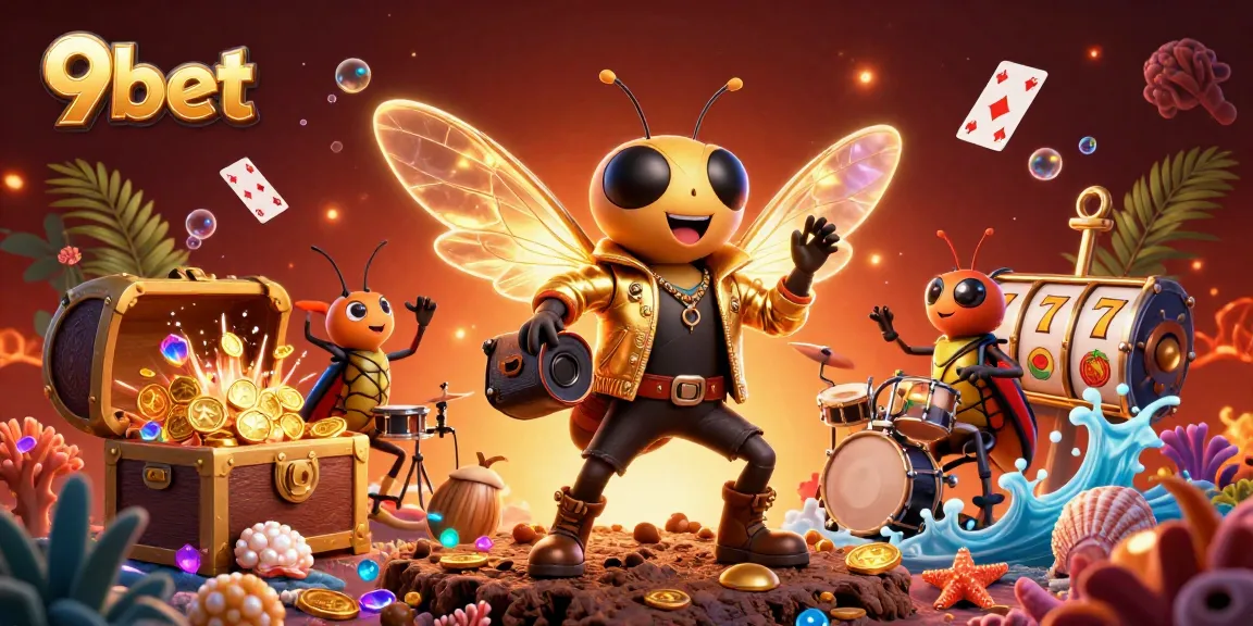 9bet features a vibrant 3D casino scene with a rock star cicada and exciting game elements.