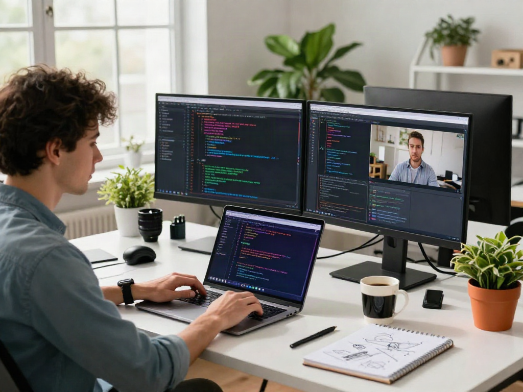 Developer coding gb whatsapp apk in a modern workspace with vibrant plants.