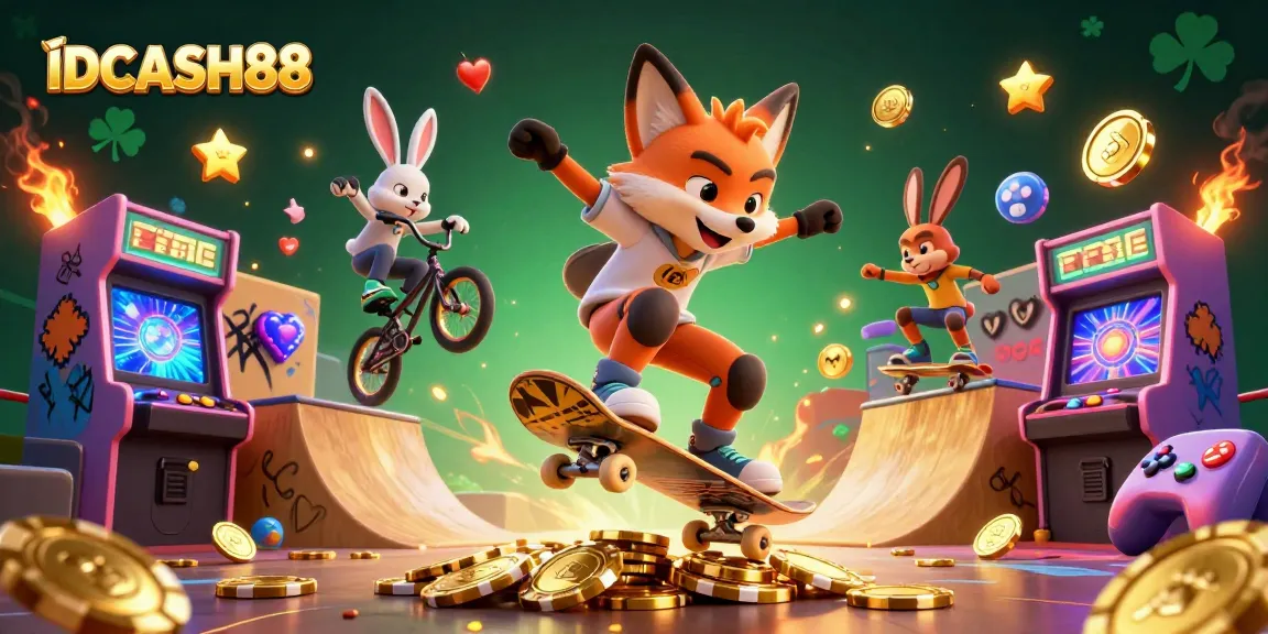 IDCASH88 offers a vibrant and engaging gameplay experience with colorful characters and casino elements set in an energetic illustration.