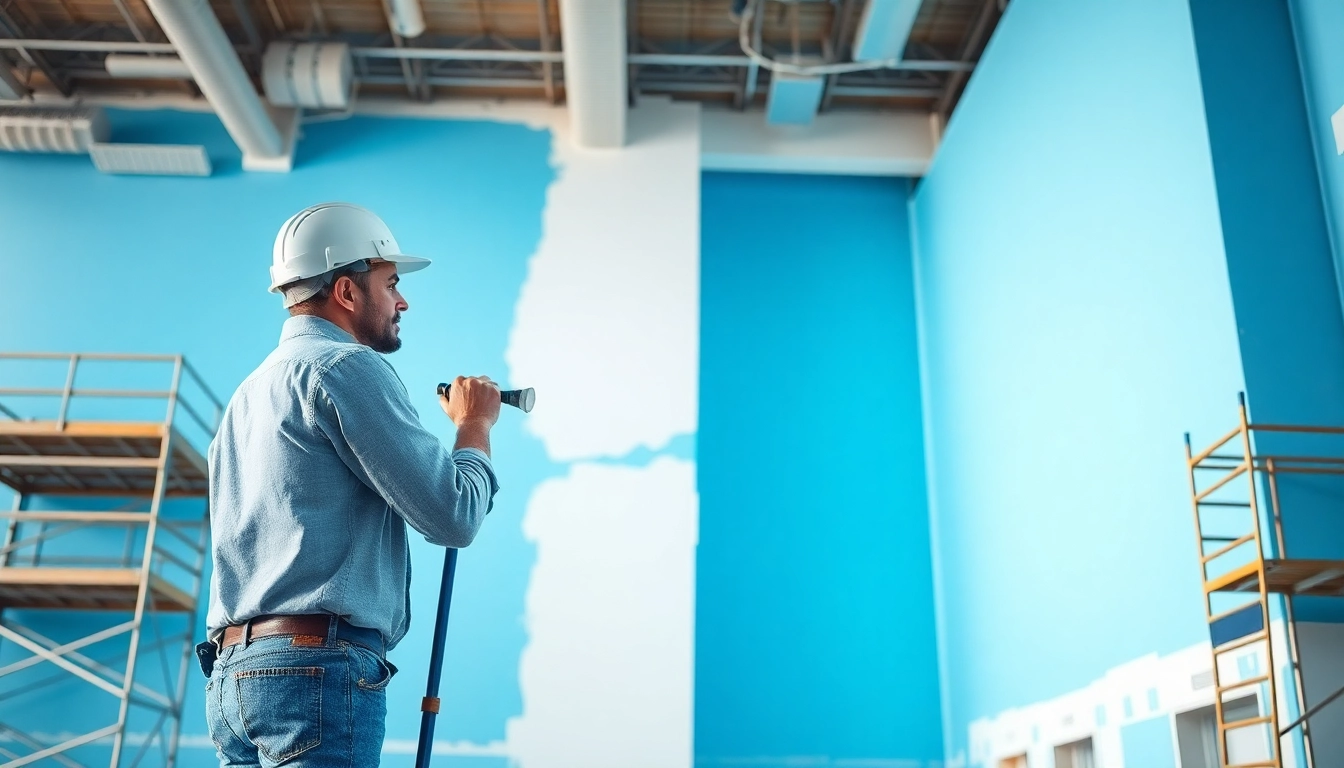A commercial paint contractor expertly painting a large office building showcasing professional techniques.
