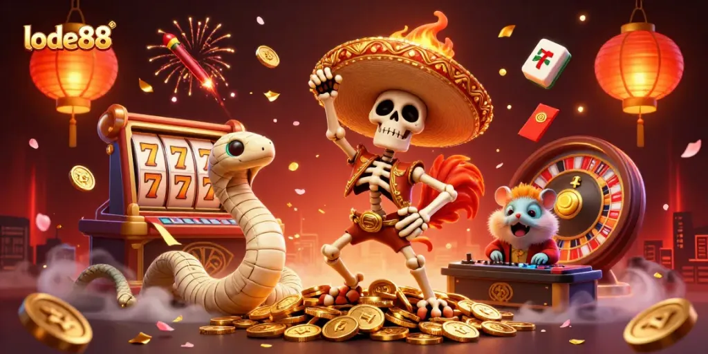 Lode88 offers a vibrant casino experience with lively characters and exciting games depicted in this rich digital illustration.