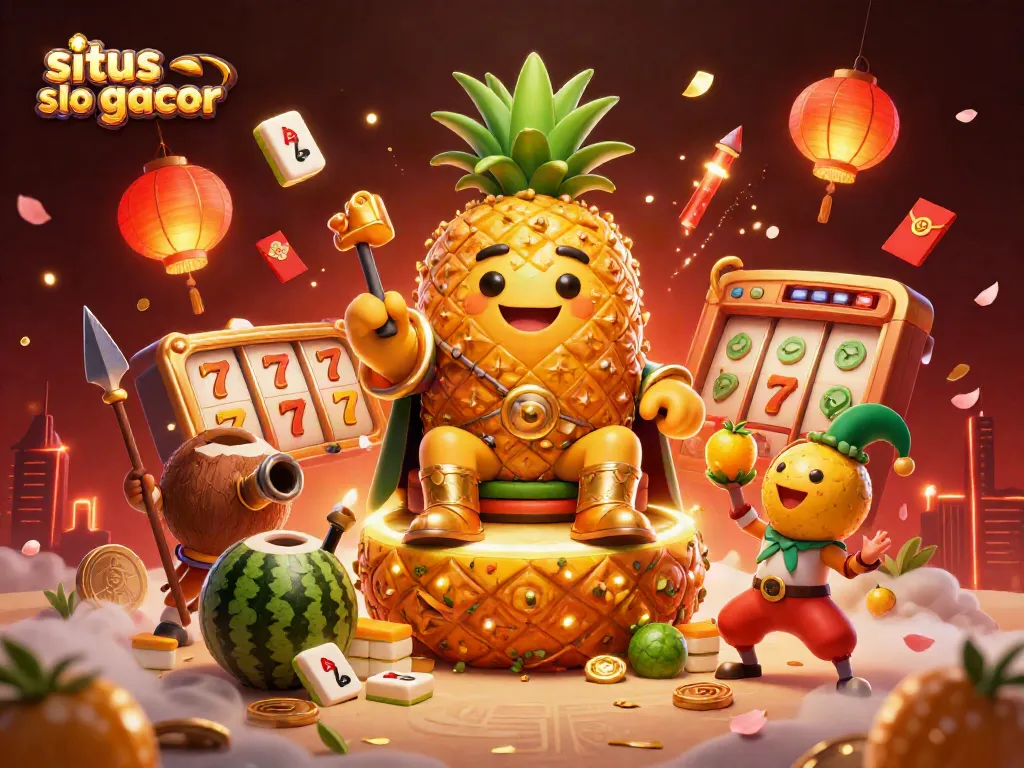 Situs slot gacor illustrated scene with a golden pineapple king and slot reels in a vibrant casino setting.