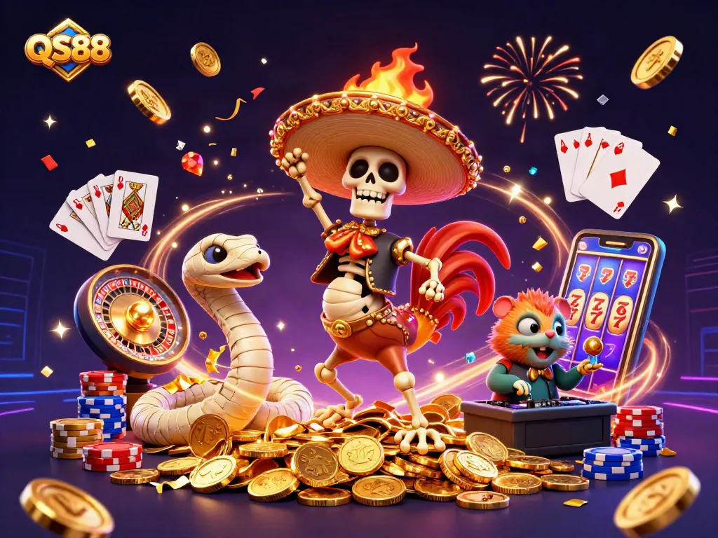 Experience thrilling wins at QS88 with vibrant casino characters celebrating their luck