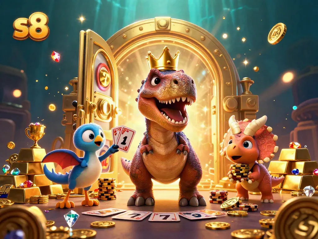 Engaging scene with s8 T-Rex as dealer, Pterodactyl assisting in a vibrant casino-themed illustration.