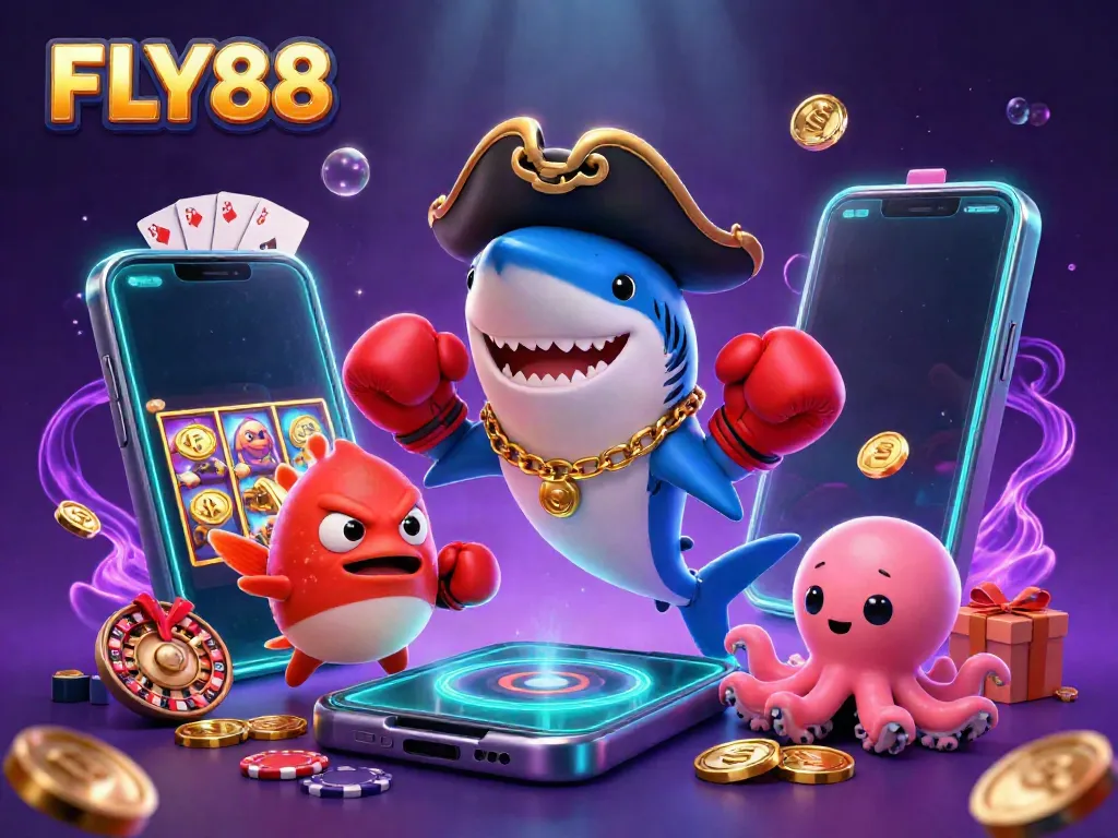 Experience the vibrant world of FLY88 as a cartoon pirate shark, pufferfish, and octopus celebrate winnings with exciting casino games and high energy.