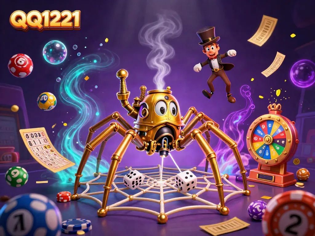 Engage in QQ1221 gaming with a whimsical steampunk scene featuring the golden spider and dynamic lottery elements.