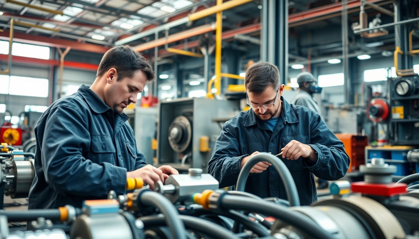 Technicians executing on-site hydraulic repair with precision in an industrial environment.